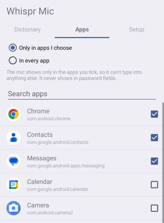 Whispr Mic's Apps tab set to Only in apps I choose, with Chrome, Contacts and Messages ticked and other apps unticked.