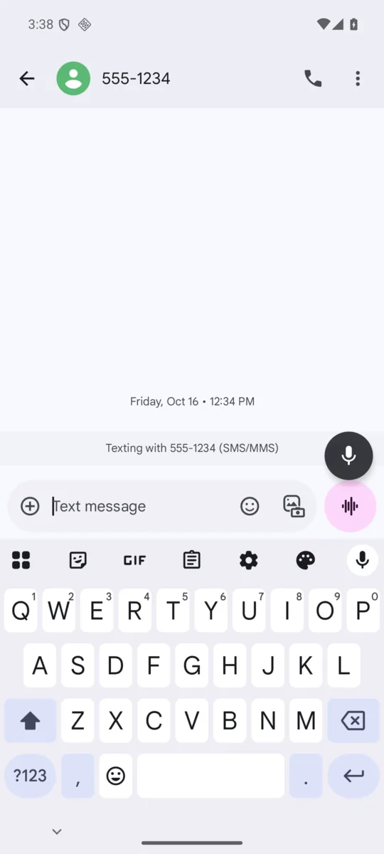 Google Messages with the keyboard open and Whispr Mic's round mic button floating just above it on the right.